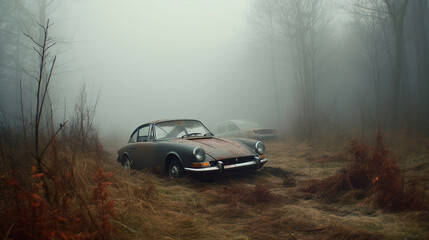 Obraz na płótnie Canvas Destroyed car in misty conditions, AI generated