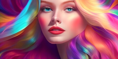 Rainbow Hair Girl, Pride, Illustration, Colorful. Generative AI.