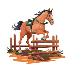 The horse jumps over an obstacle. Horseback Riding. Jumping. Cartoon style.