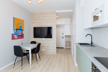 Light and spacious flat in new style with sofa, dining set and open kitchen. Scandinavian style. Open space living room interior with sofa, modern kitchen and a dining table