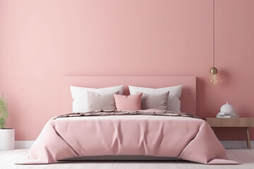 Modern bedrroom with monochrome neutral blush pink empty wall. Contemporary interior design with trendy wall color, bed, pillows and arch. Generative AI.