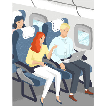 Passenger on plane seat vector travel illustration