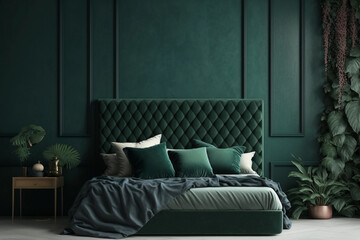 Modern bedrroom with monochrome emerald green empty wall. Contemporary interior design with trendy wall color, bed and pillows. Generative AI.
