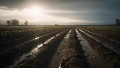 Fototapeta na wymiar Sunset over plowed field, mud and growth generated by AI