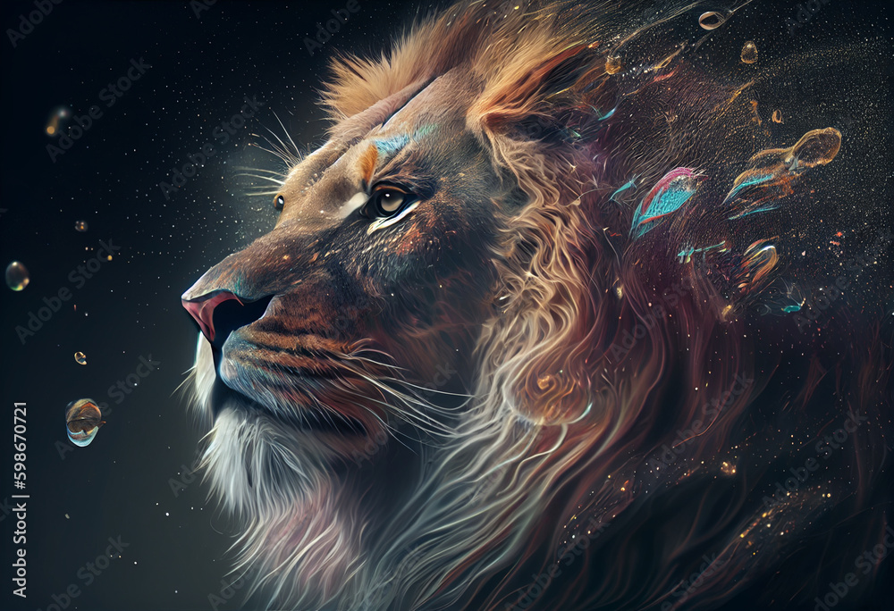 Poster lion in the night colorful background violet and pink colors. generative ai