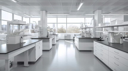 Fototapeta na wymiar A scientific research lab with a lot of white cabinets and counters. AI generative laboratory interior