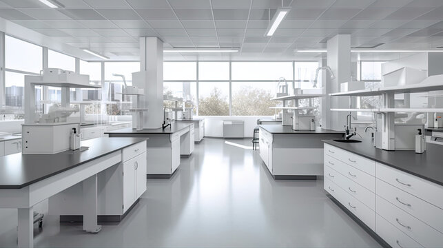 A scientific research lab with a lot of white cabinets and counters. AI generative laboratory interior