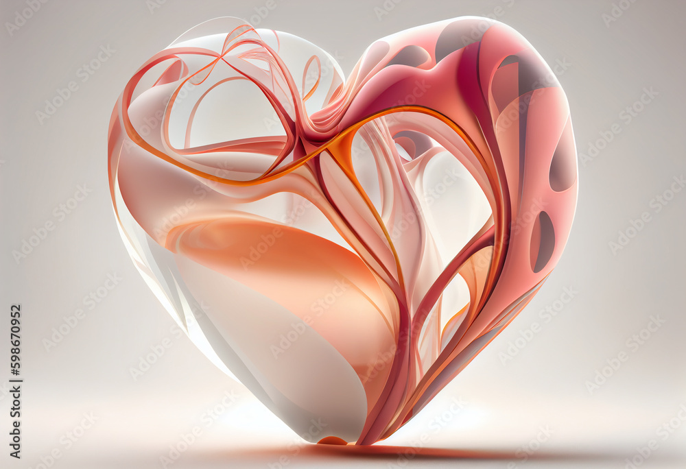 Poster Beautiful abstract heart made from smooth elegant transparent fabric on white background 3d pink and peach colors. Generative AI technology.
