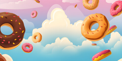Flying doughnuts with multicolored glaze. Creative food trend. Levitating food in color of year. Donuts illustration with copy space on a light blue background, food banner. Generative AI
