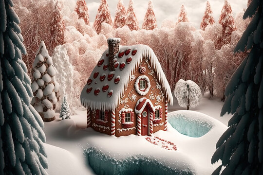 A christmas scene with a gingerbread house in fairy tale dark winter forest. AI generative.