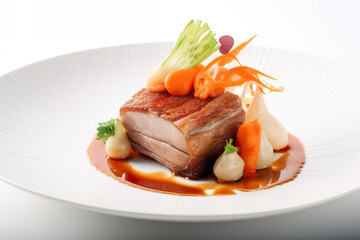 Bossam: Boiled pork belly served with vegetables and kimchi, AI generative Korean dish