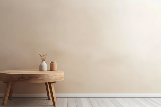 Textured neutral beige wall copy space. Monochrome empty room with minimalist vase and table. Wall scene mockup product for showcase, Promotion background. Generative AI.