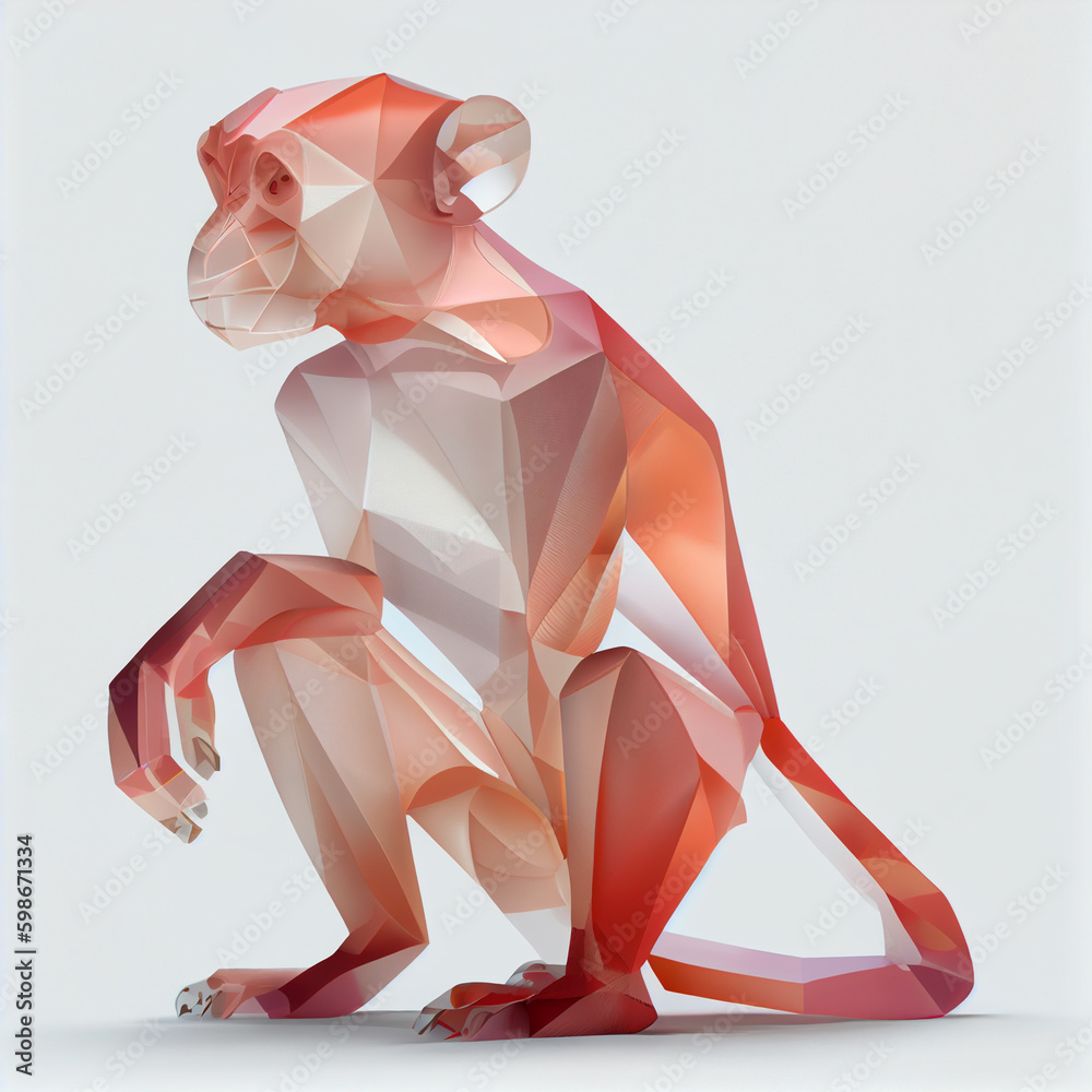 Poster An abstract Monkey made from smooth elegant transparent fabric on white background 3d pink and peach colors. Generative AI technology.
