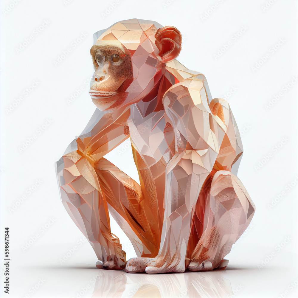 Poster An abstract Monkey made from smooth elegant transparent fabric on white background 3d pink and peach colors. Generative AI technology.
