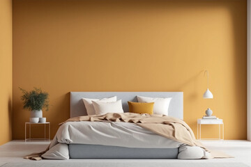Modern bedrroom with monochrome pastel yellow empty wall. Contemporary interior design with trendy wall color and bed. Generative AI.