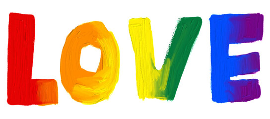 Rainbow  love text oil brush paint.LGBT  Pride month watercolor texture concept. vector