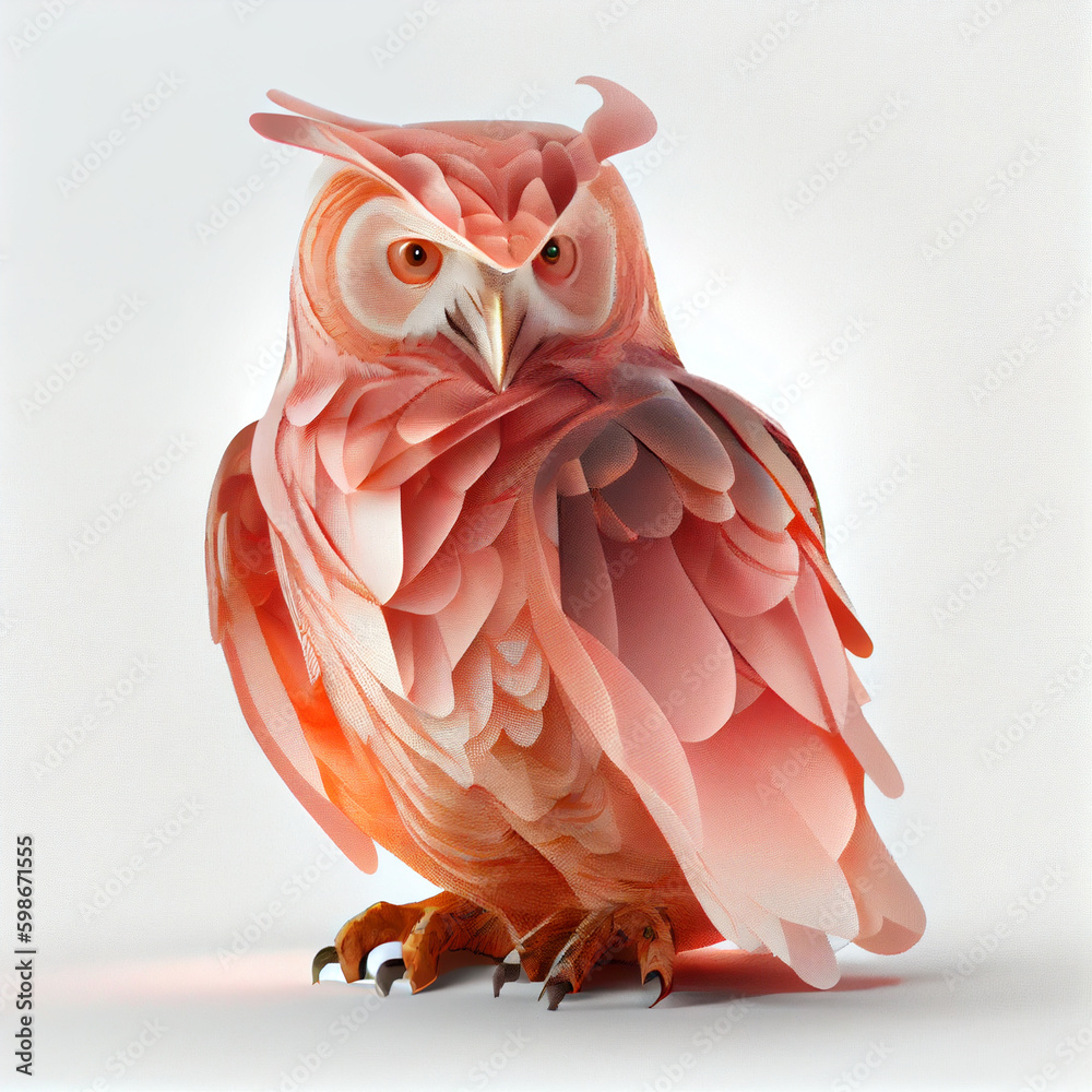 Leinwandbilder An abstract Owl made from smooth elegant transparent fabric on white background 3d pink and peach colors. Generative AI technology.
