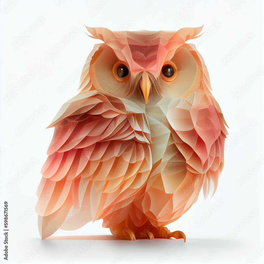 Poster an abstract owl made from smooth elegant transparent fabric on white background 3d pink and peach co