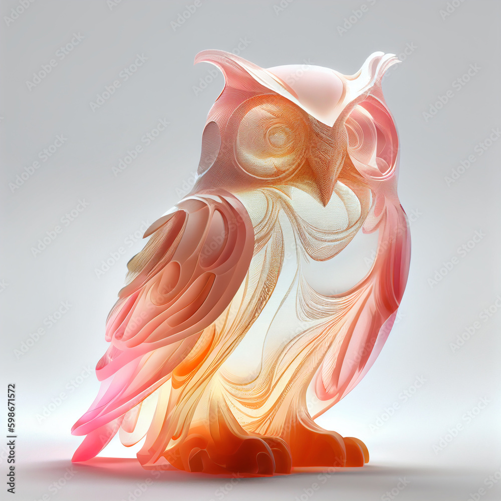 Poster an abstract owl made from smooth elegant transparent fabric on white background 3d pink and peach co