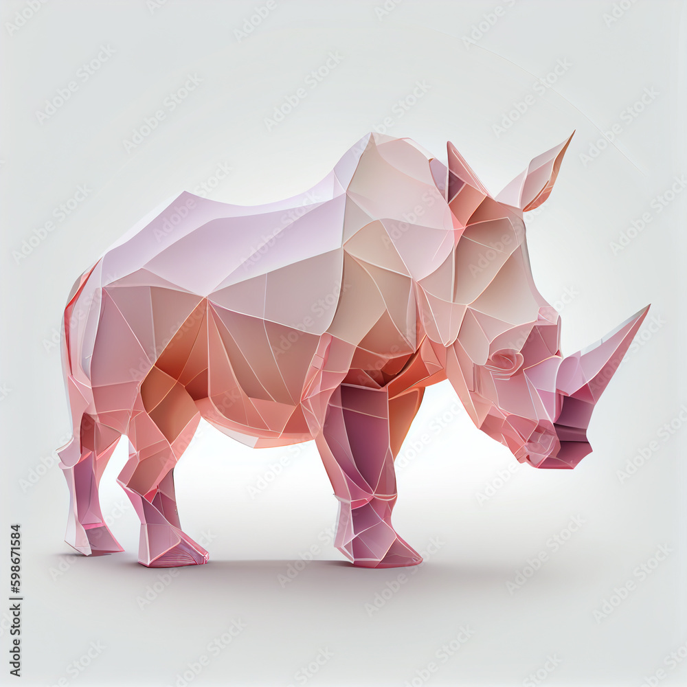 Poster An abstract Rhino made from smooth elegant transparent fabric on white background 3d pink and peach colors. Generative AI technology.
