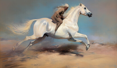 Illustration of a horse with rider running in full gallop, AI generative