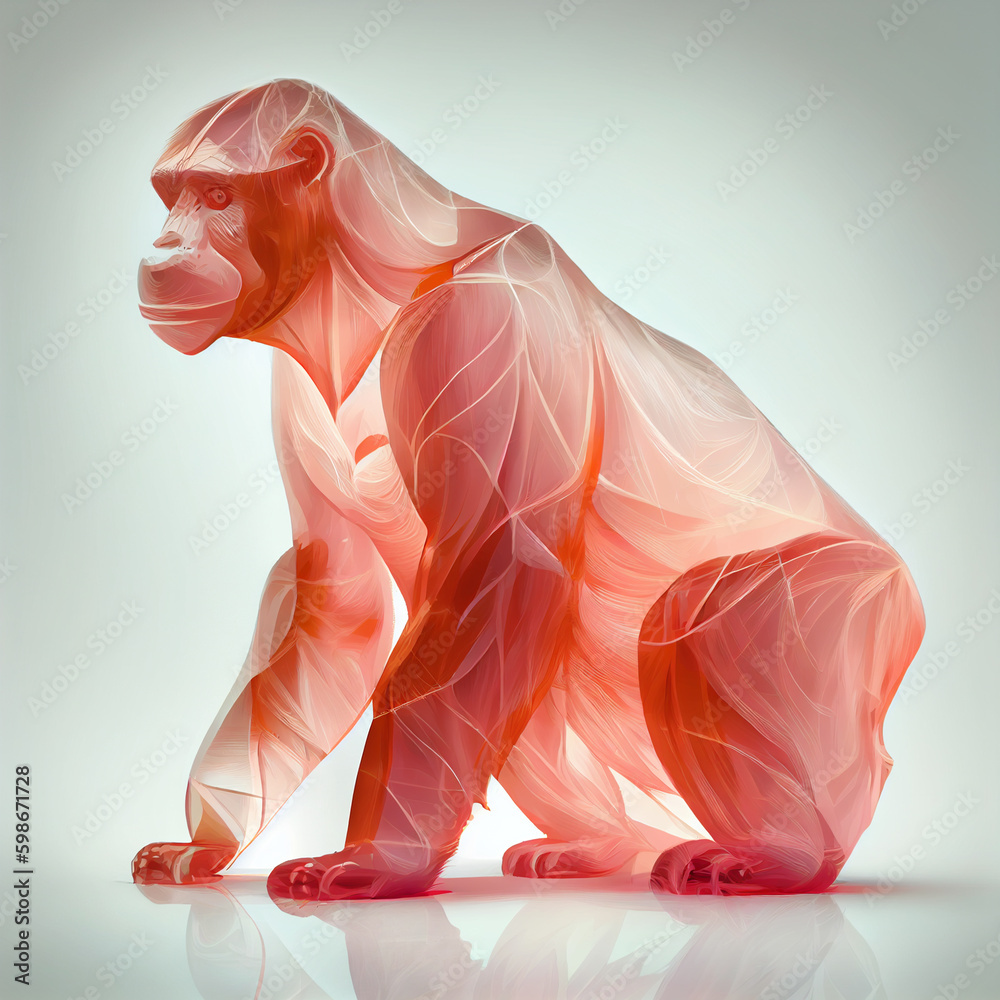Poster An abstract Chimpanzee made from smooth elegant transparent fabric on white background 3d pink and peach colors. Generative AI technology.
