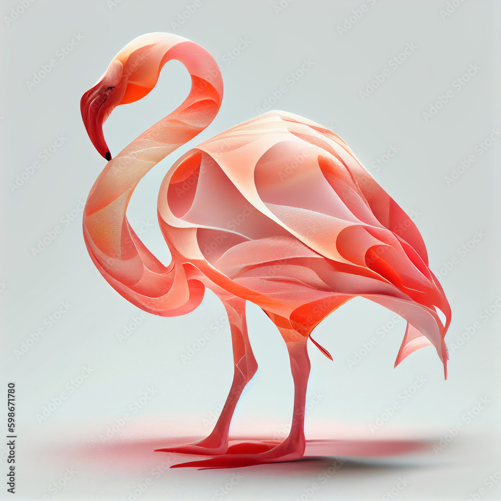Aufkleber An abstract Flamingo made from smooth elegant transparent fabric on white background 3d pink and peach colors. Generative AI technology.
