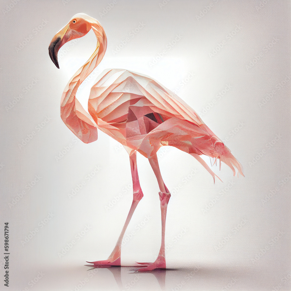 Poster An abstract Flamingo made from smooth elegant transparent fabric on white background 3d pink and peach colors. Generative AI technology.
