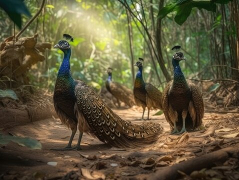 Group of Peacock in natural habitat (generative AI)