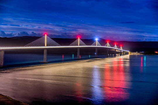 Peljesac Bridge, Komarna Croatia - beautiful and modern bridge over the adriatic sea in Dubrovnik-Neretva at sunset
