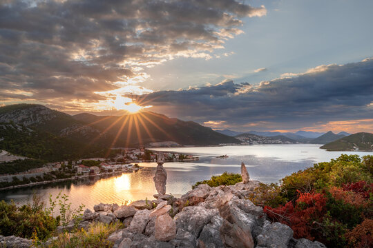 View from Peljesac Bridge to Bosnia, Komarna Croatia - beautiful and modern bridge over the adriatic sea in Dubrovnik-Neretva at sunrise