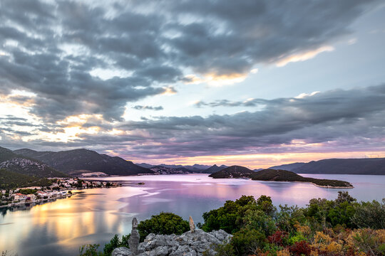 View from Peljesac Bridge to Bosnia, Komarna Croatia - beautiful and modern bridge over the adriatic sea in Dubrovnik-Neretva at sunrise
