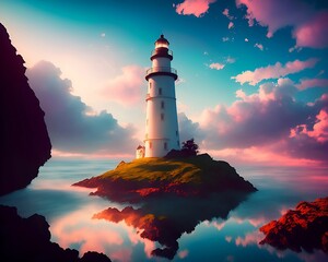 Lighthouse On The Coast With A Beautiful Ocean Scenery - Realistic Illustration