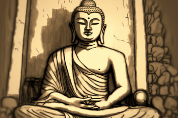 buddha statue in style of a drawing, ai generated
