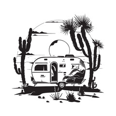 a traditional caravan vacation concept. 
Isolated on white background. Black in color. Picture drawn on a single line art. - obrazy, fototapety, plakaty