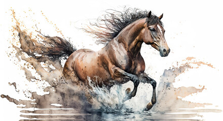 Fototapeta na wymiar running horse in aquarelle style, ai generated
