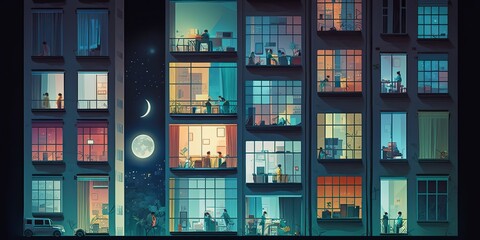 AI Generated. AI Generative. Cartoon game blender render mood illustration of moon and building with people. Graphic Art