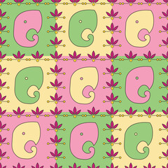 seamless repeat pattern with simple and cute elephant head motif on a appliqué background with multiple colors perfect for fabric, scrap booking, wallpaper, gift wrap projects
