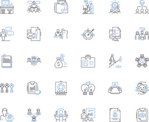 Project coordination line icons collection. Collaboration, Planning, Management, Teamwork, Communication, Accountability, Implementation vector and linear illustration. Generative AI