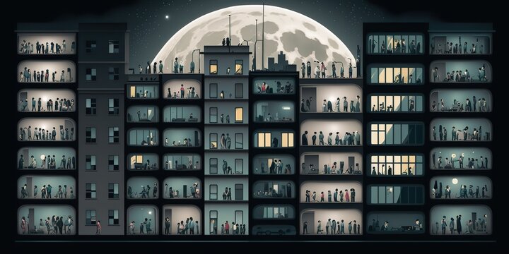 AI Generated. AI Generative. Cartoon game blender render mood illustration of moon and building with people. Graphic Art