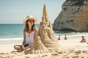 Tourism woman in beautiful Algarve beach (Ai generated)