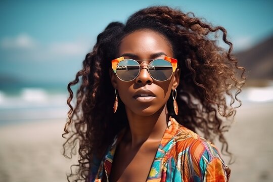 Black woman at beach wearing sunglasses (Ai generated)