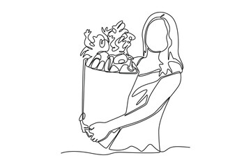 Continuous one line drawing happy woman carrying vegetable groceries bag. Business activity concept in market. Single line draw design vector graphic illustration.