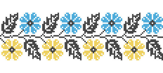 Ukrainian floral ornament in yellow and blue colors. Vector ornament, border, pattern. Ukrainian folk, ethnic floral embroidery. Pixel art, vyshyvanka, cross stitch