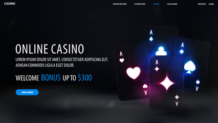 Online casino, welcome bonus, black banner with offer and black neon playing cards on dark background with fog