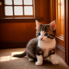 Cute kitten on the carpet.  Generative AI