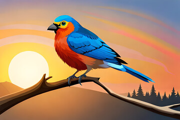 a bird perched on a tree branch, against a sunset background 