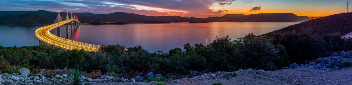 Peljesac Bridge, Komarna Croatia - beautiful and modern bridge over the adriatic sea in Dubrovnik-Neretva at sunset