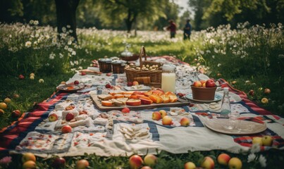  a picnic table with apples and a glass of milk on it.  generative ai