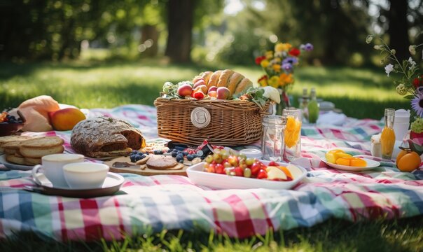  a picnic with a basket of fruit, bread and juice.  generative ai